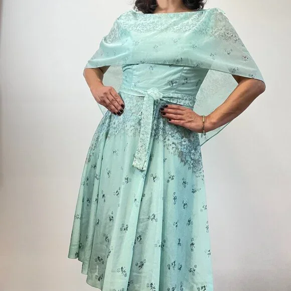 Vintage FRANCIS GALE 70s Aquamarine Floral Print Cape Dress - Size S/M - Picture 11 of 16